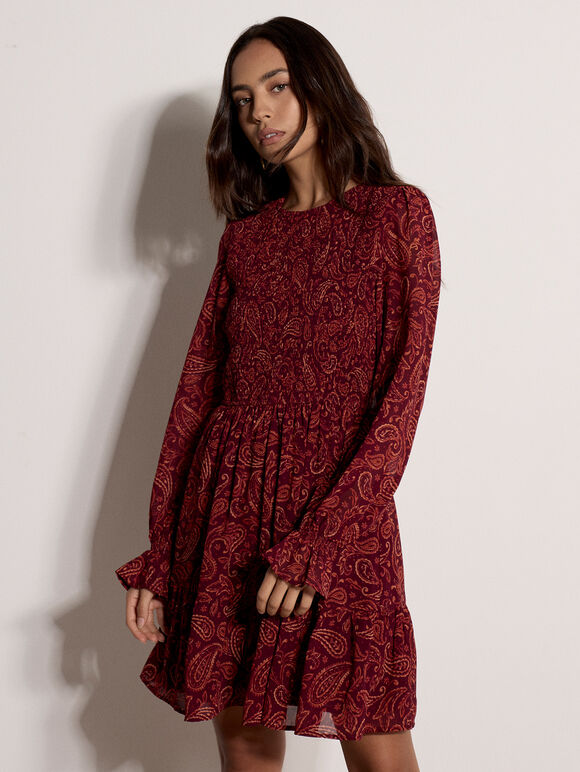 Paisley Chiffon Mini Dress, Burgundy, large