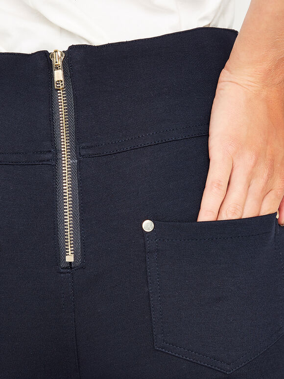 Zip Detail Ponte Trousers, Navy, large