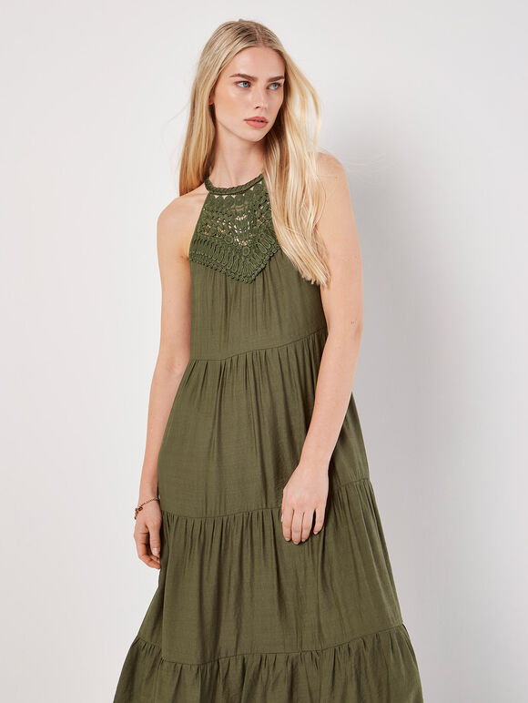 Lace Halter Neck Tiered Midi Dress, Khaki, large