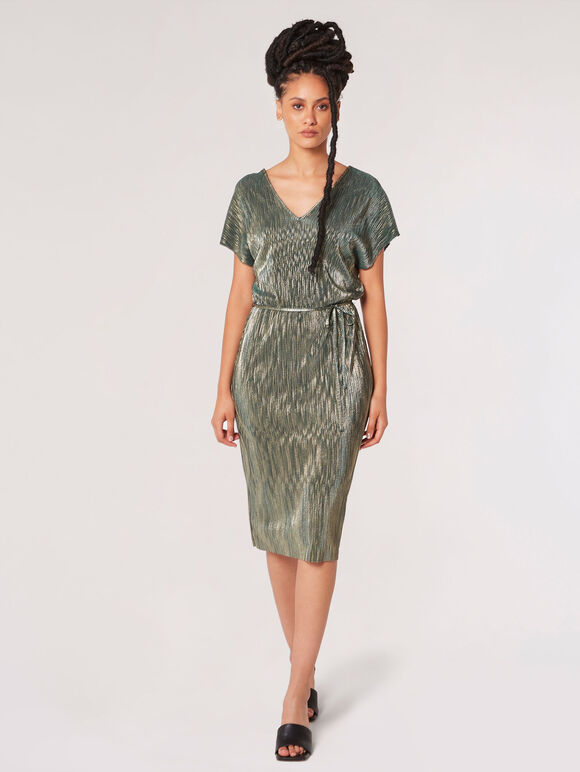 Plisse V Neck Dress, Green, large