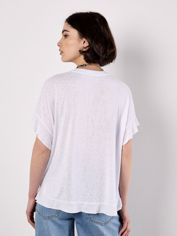 Ruffle Sleeve T-Shirt, White, large
