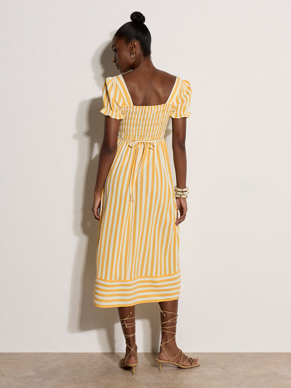 Stripe Milkmaid Midaxi Dress, Yellow, large