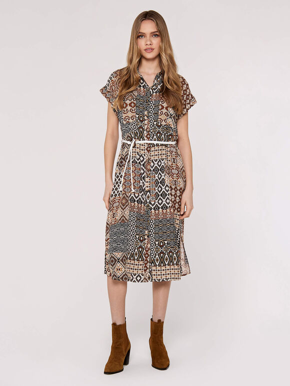 Ikat Patchwork Midi Dress, Rust, large