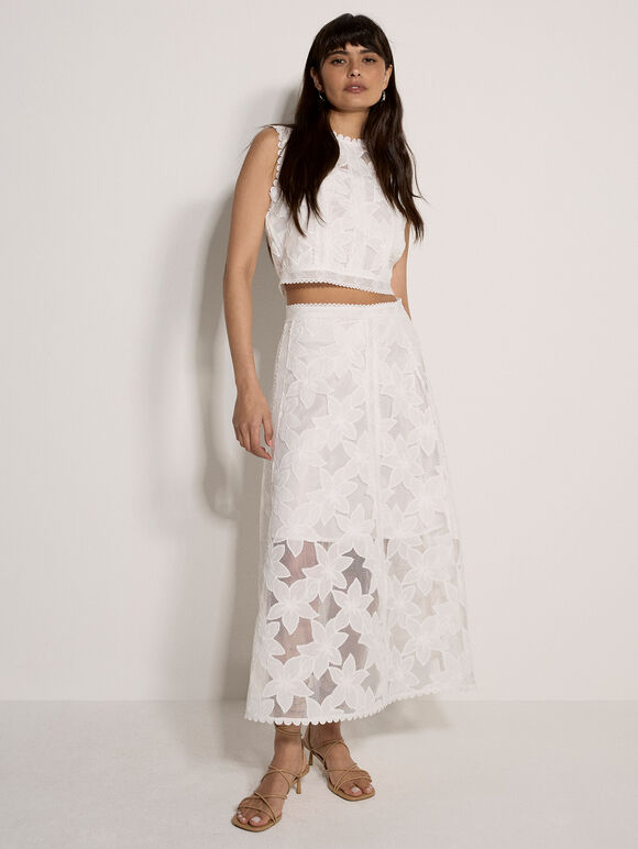 Floral Mesh Lace Crop Top, White, large