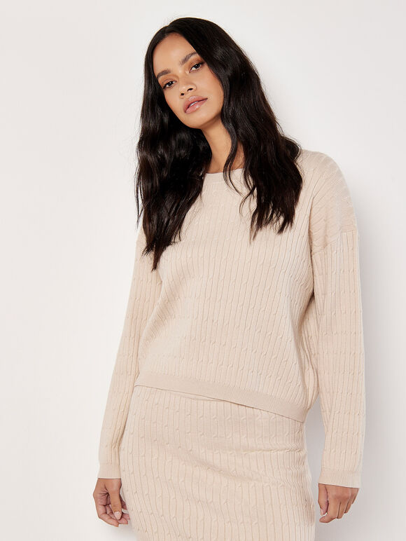 Stone Fine Knit Cable Skirt & Top Co-ord, , large