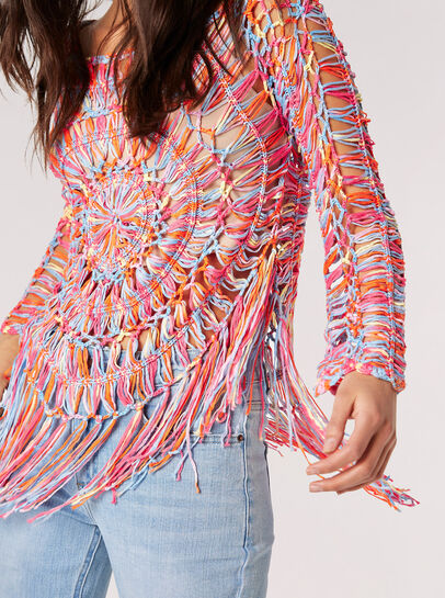 Multi-Coloured Fringed Crochet Top