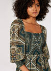 Scarf Print Milkmaid Midi Dress, Green, large