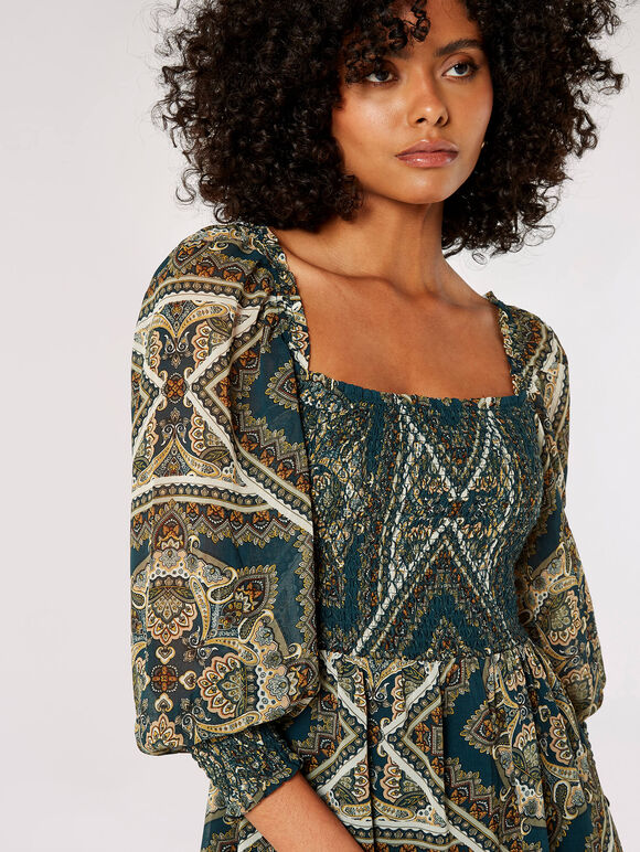 Scarf Print Milkmaid Midi Dress, Green, large