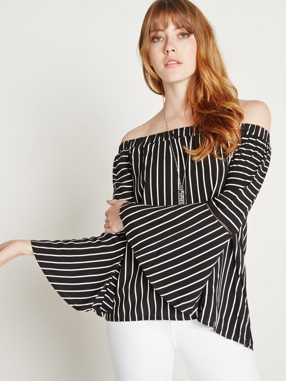 Stripe Bardot Blouse, Black, large