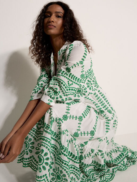 Floral Broderie Anglaise Midi Dress, Green, large