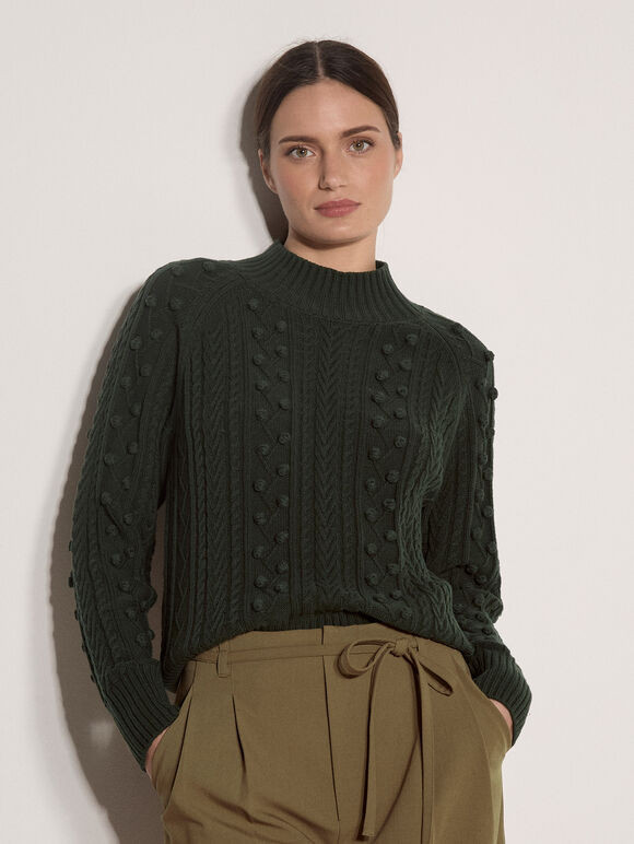 Bobble Cable Knit Jumper, Green, large