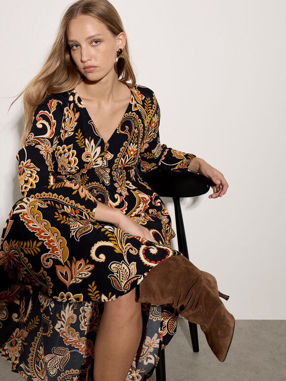 Crepe Folk Floral Midi Dress, Black, large
