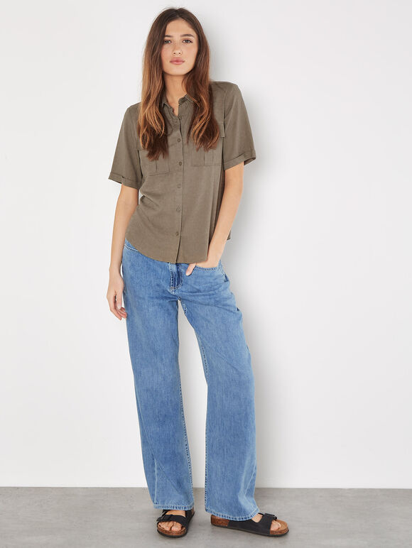 Linen Blend Short Sleeve Shirt, Khaki, large
