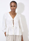 Floral Applique Tie Front Top, White, large