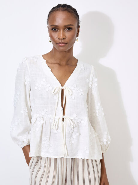 Floral Applique Tie Front Top