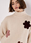 Embroidered Flower Chunky Knit Jumper, Stone, large