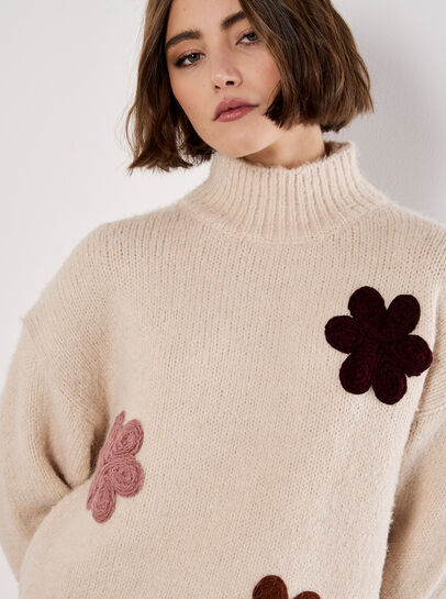 Embroidered Flower Chunky Knit Jumper