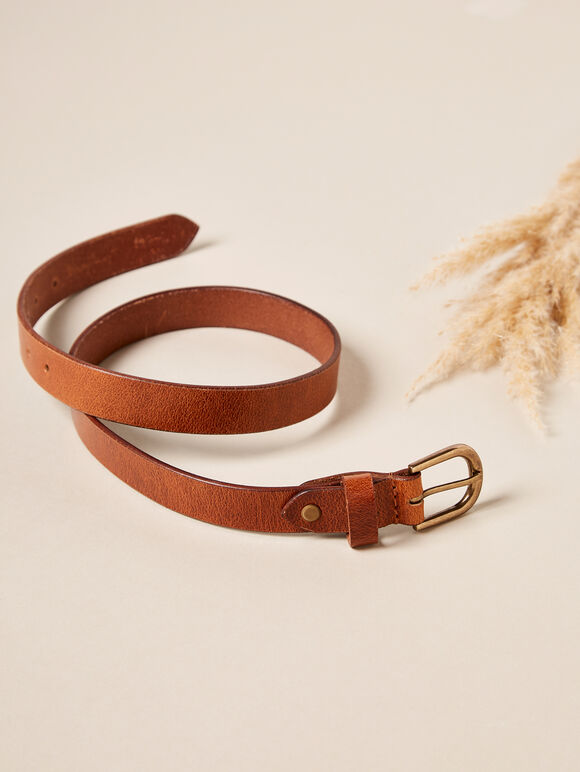 Thin Leather Gold Buckle Belt, Brown, large