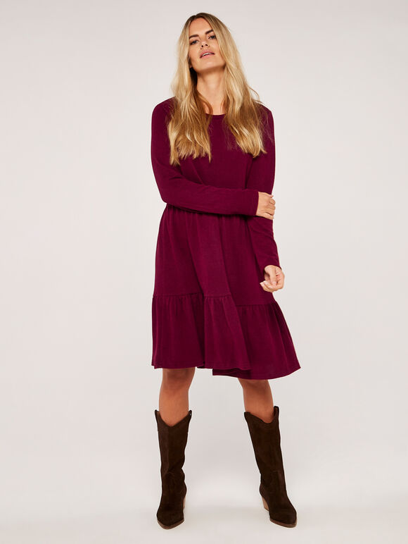 Tiered Long Sleeve Dress, Burgundy, large