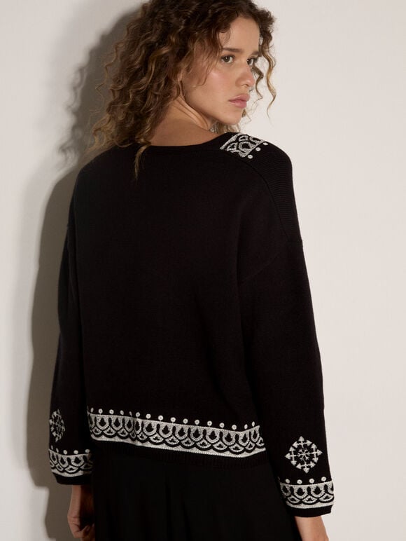 Soft Ribbed Knit Embroidered Cardigan, Black, large
