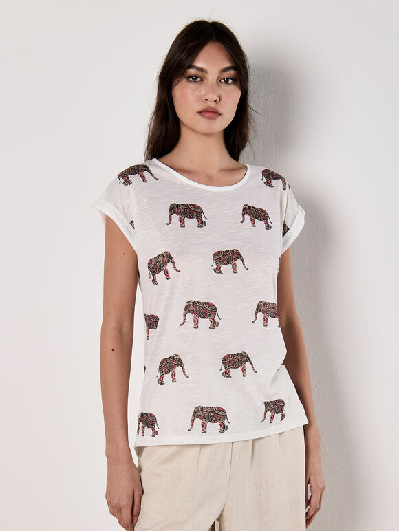 Elephant Print Slub T-Shirt, Khaki, large
