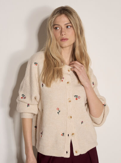 Soft Ribbed Knit Floral Embroidered Cardigan