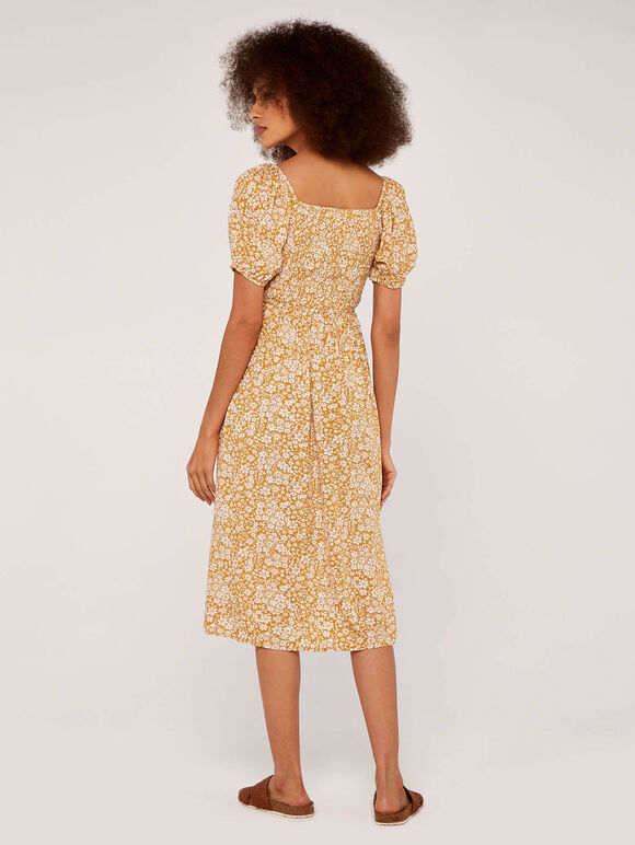 Ditsy Puff Sleeve Midi Dress, Mustard, large