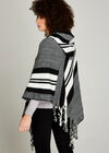 Black Monochrome Striped Hooded Poncho, Black, large