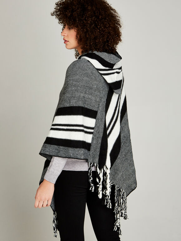 Black Monochrome Striped Hooded Poncho, Black, large