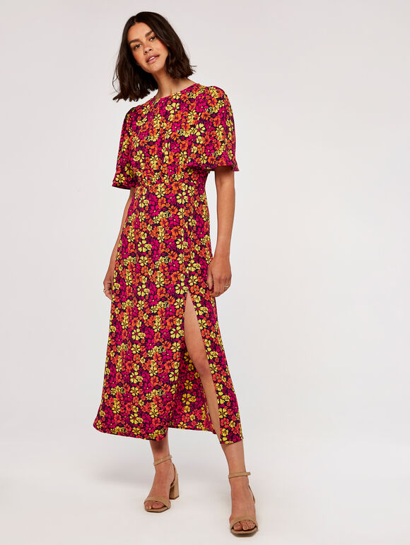 Floral Midi Dress, Orange, large