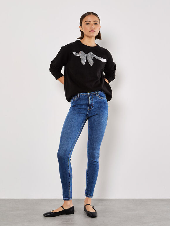 Sequin Embellished Bow Jumper, Black, large