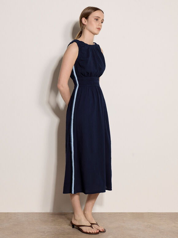 Crochet Trim Smocked Midi Dress, Navy, large