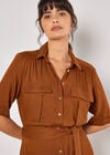Linen Blend Utility Shirt Midi Dress, Brown, large