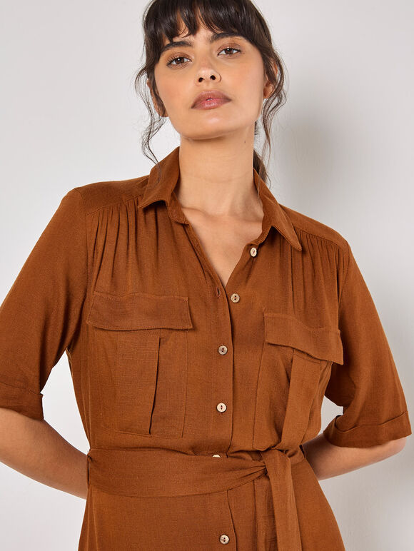 Linen Blend Utility Shirt Midi Dress, Brown, large