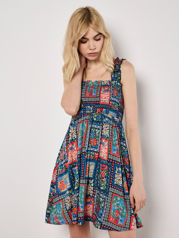 Postcard Floral Print Mini Dress, Navy, large