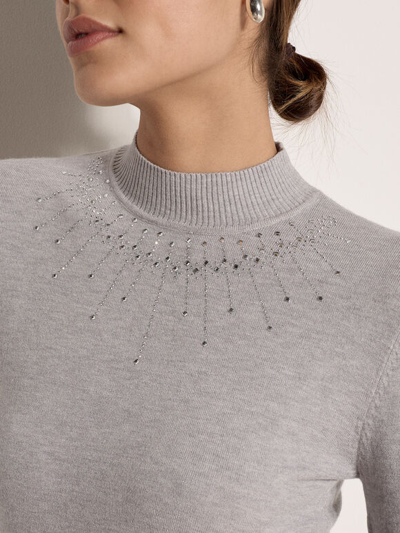 Rhinestone Gem Embellished Jumper, Grey, large