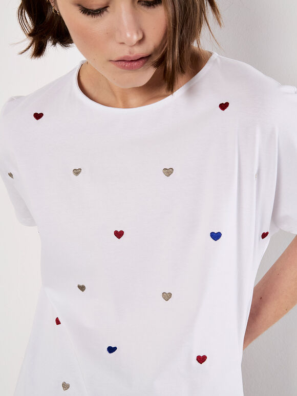 Embroidered Heart Cotton T-Shirt, White, large