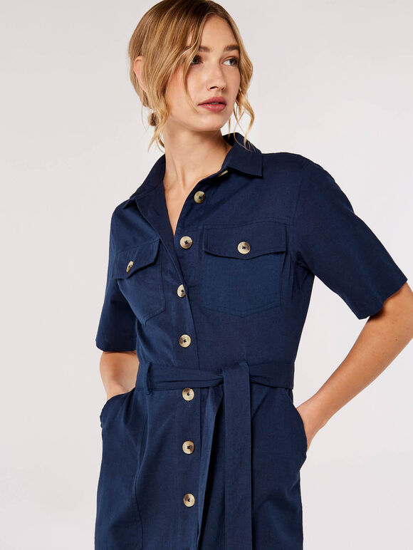 Linen Safari Midi Dress, Navy, large