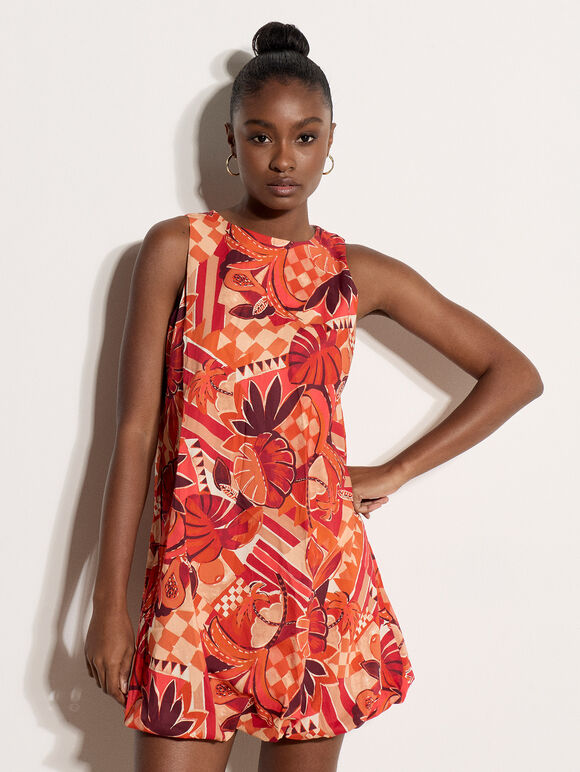 Abstract Print Bubble Hem Mini Dress, Red, large