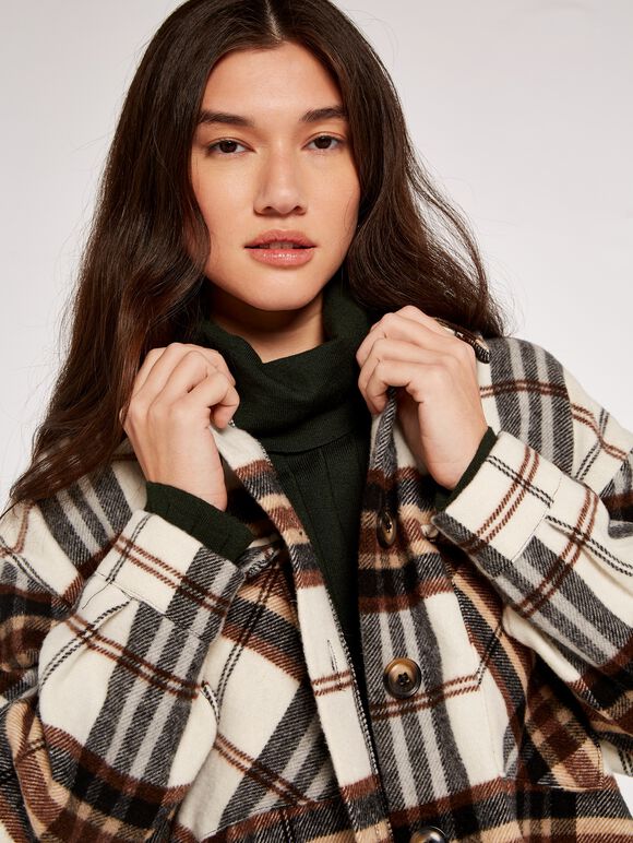 Plaid Wool Shacket, Cream, large