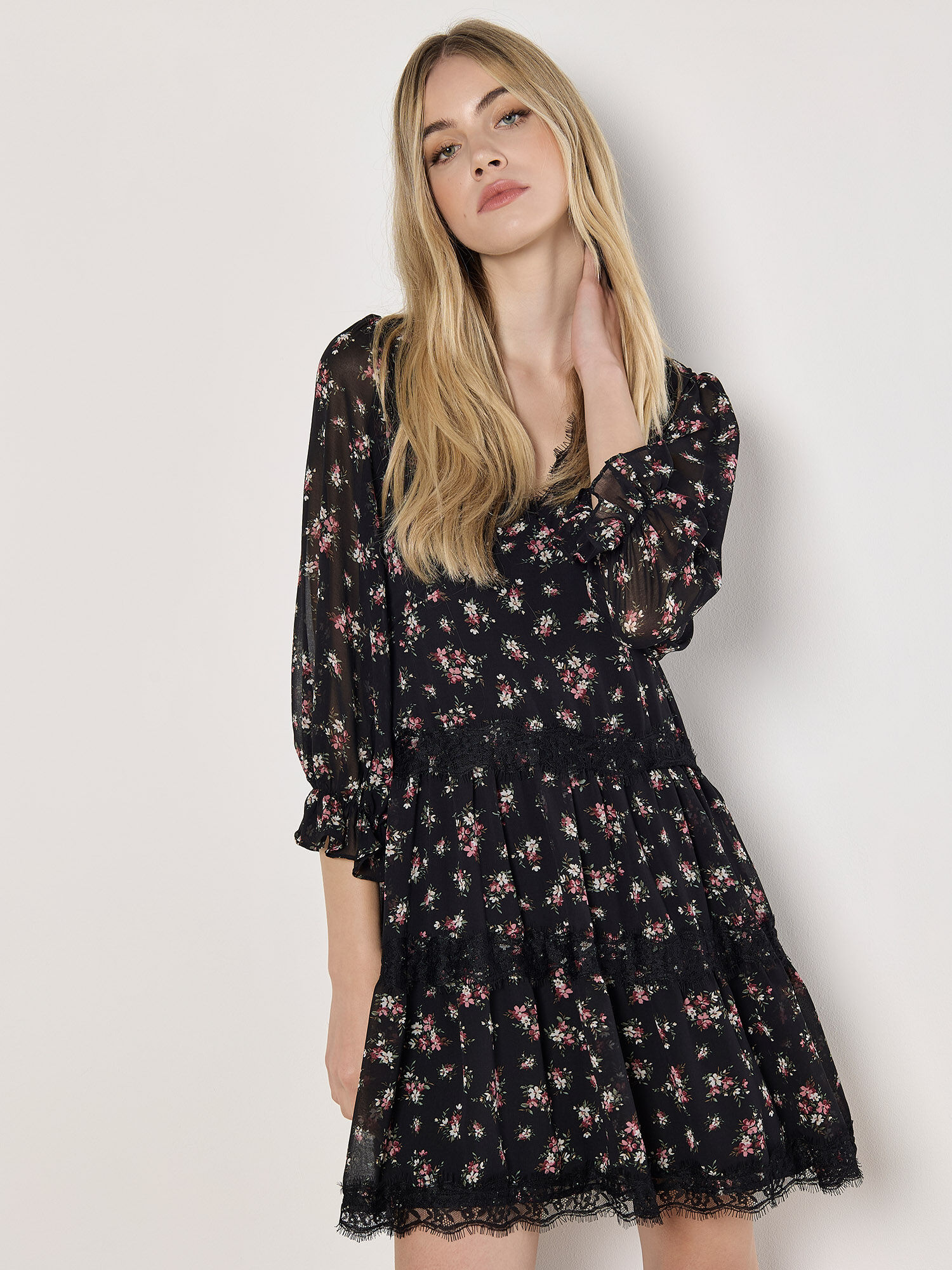 Vintage Floral Lace Tiered Mini Dress Apricot Clothing