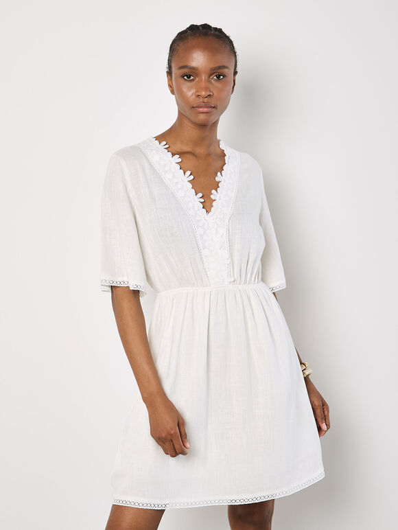 Daisy Lace Front Mini Dress, White, large