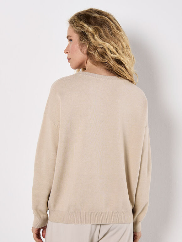 Crochet Flower Knitted Jumper, Stone, large