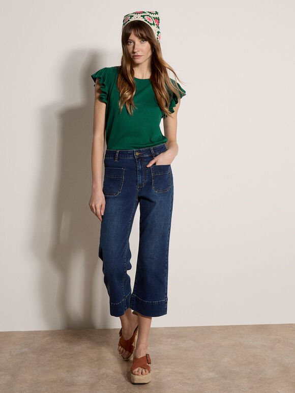 Soft Slub Ruffle Sleeve T-Shirt, Green, large