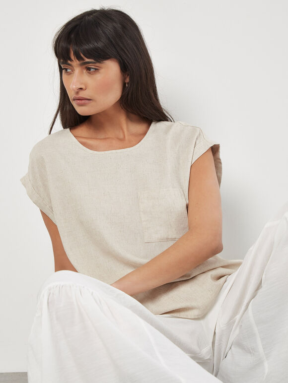 Linen Blend Split Back Oversized Top, Stone, large