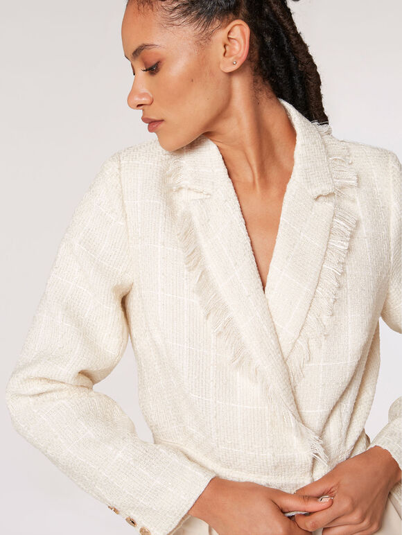 Fringed Cropped Tweed Blazer, Cream, large