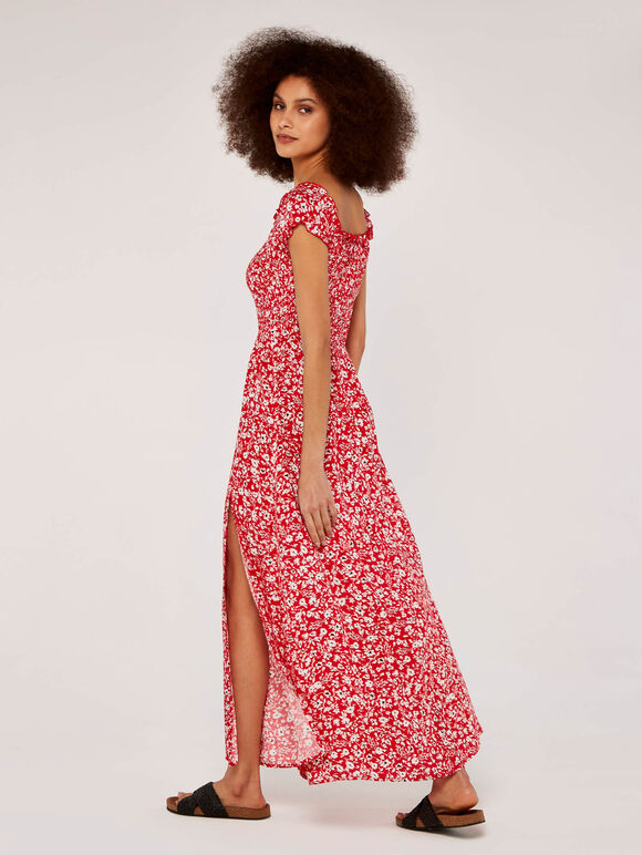 Floral Shirred Maxi Dress, Red, large