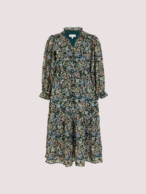 Ditsy Ruffle Chiffon Dress, Green, large