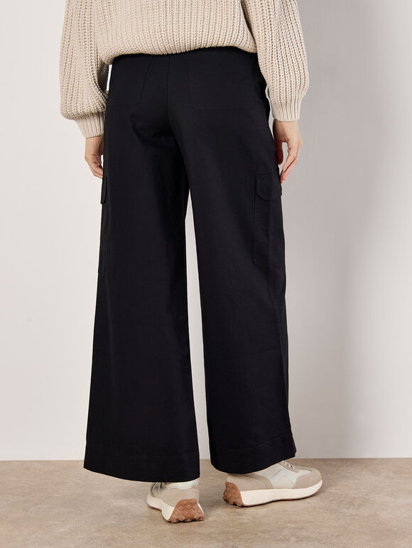 Wide Leg Cotton Cargo Trousers, Black, large