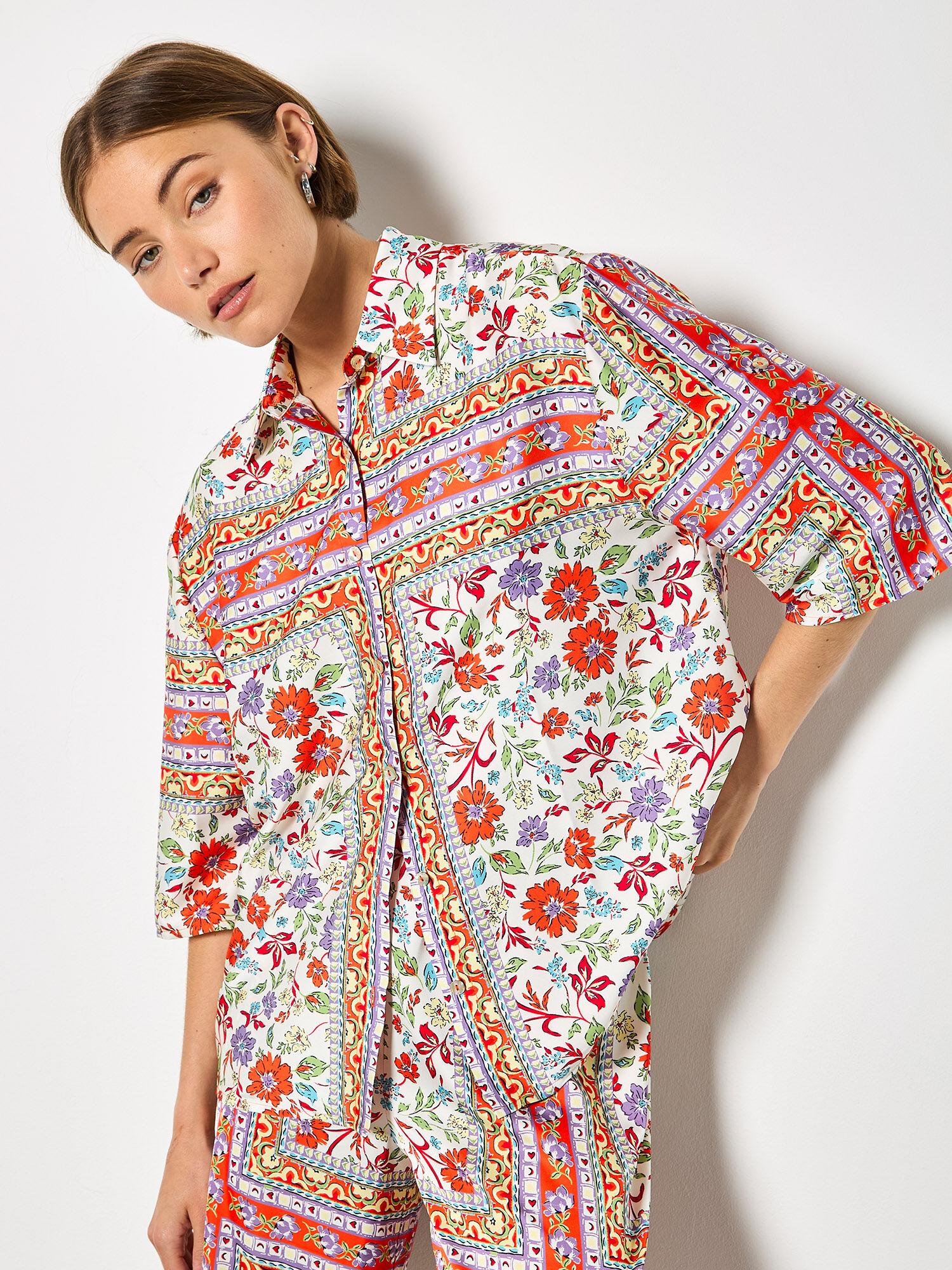 Floral Scarf Print Satin Shirt | Apricot Clothing